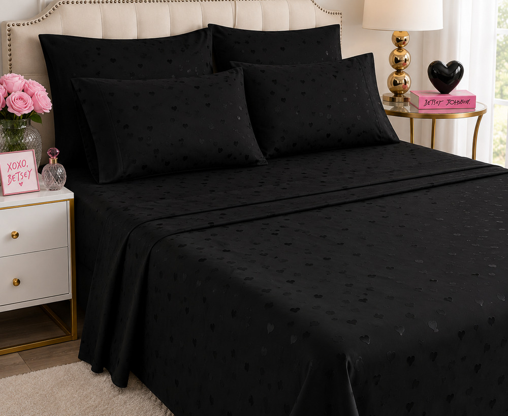 Betsey Johnson Heart Embossed Black Queen Sheet 6 pc. Set Bonus Pillowcases NEW